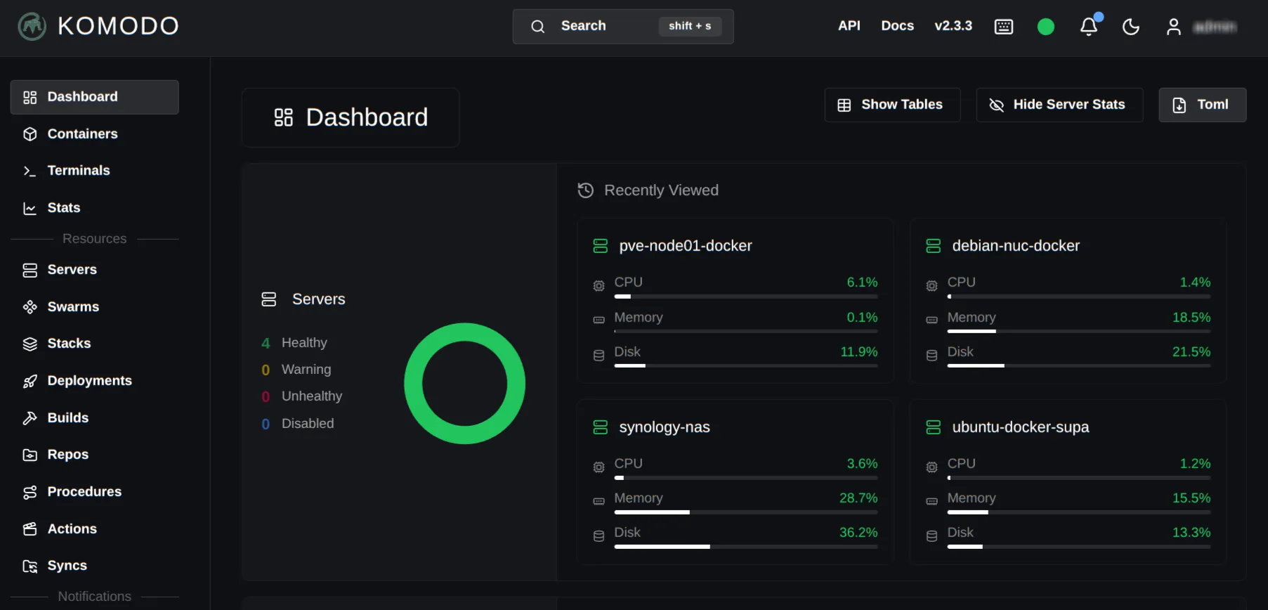Komodo dashboard showing multiple Docker hosts