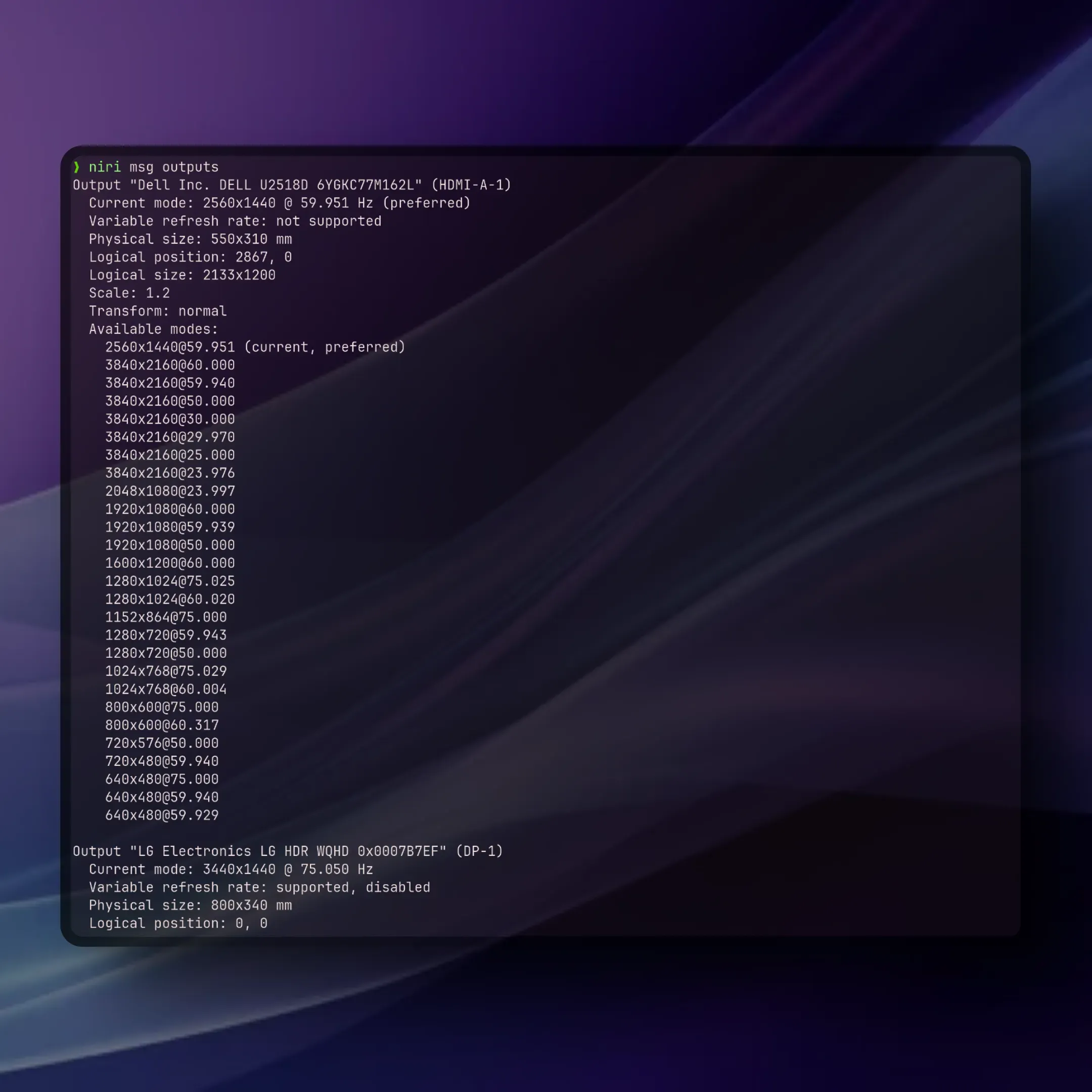 Niri output msgs command on console