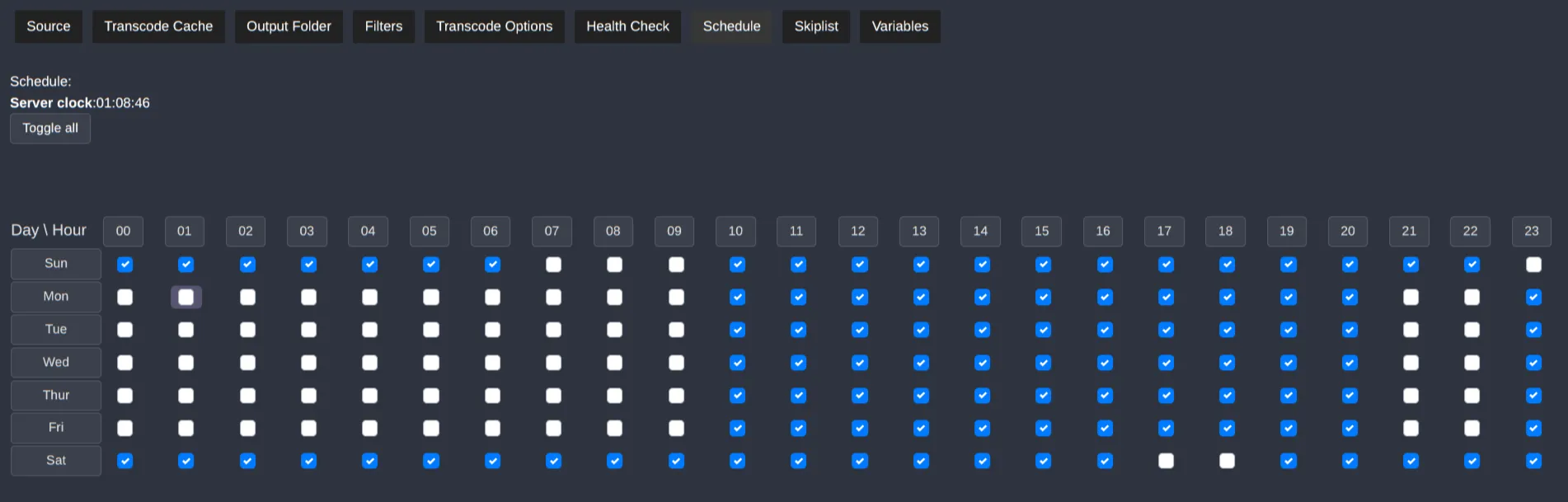Tdarr library Schedule tab with hour checkboxes; insert after schedules are actually configured