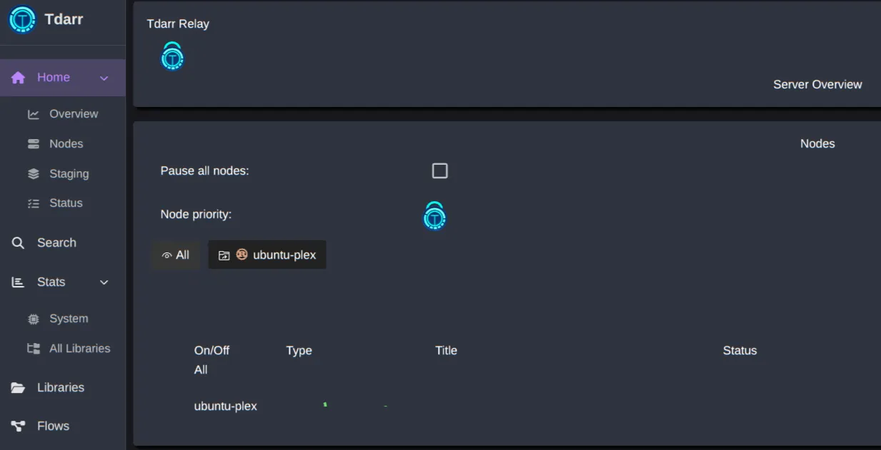 Tdarr web interface with the connected local Node visible
