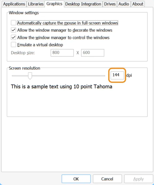 Wine configuration graphics tab, I set mine to 144dpi