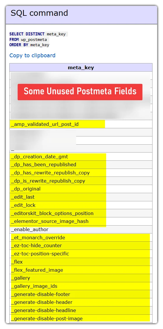 Unused postmeta fields that were leftover from previous plugins or themes