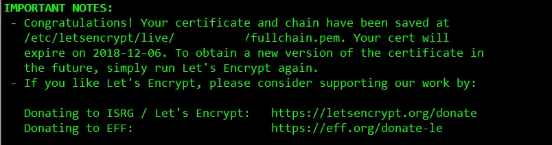 Success message from LetsEncrypt